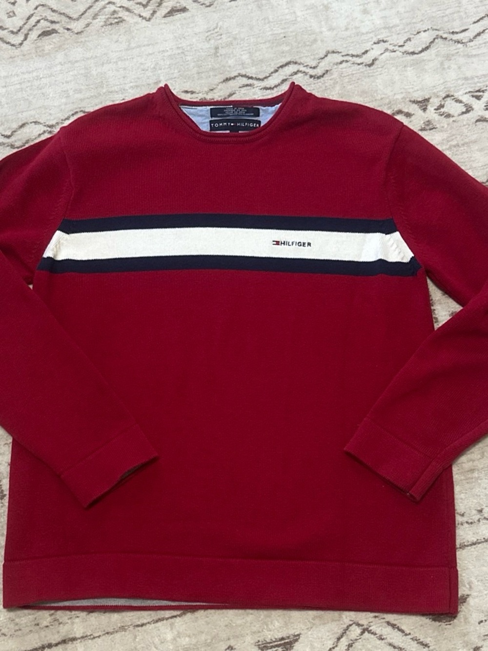 Vintage Tommy Hilfiger Men's Red Crewneck Sweater with Stripe Detail
